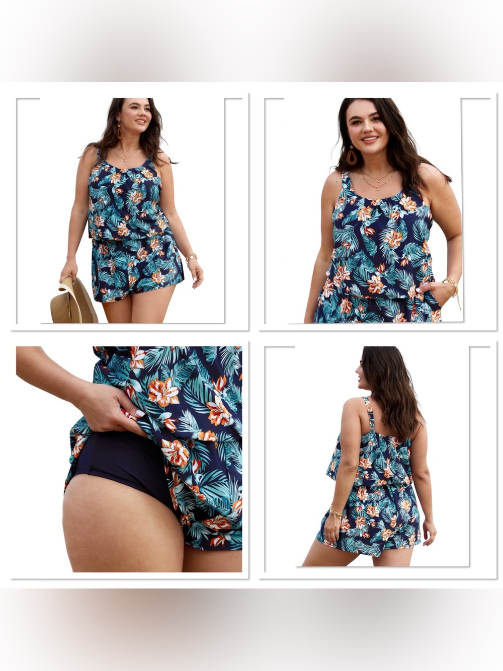 Bloomchic Tropical Floral Print Swim Romper Blue One Piece Swimsuit Pockets 22